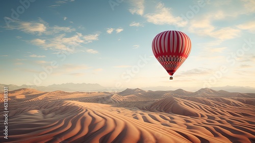  a hot air balloon flying over a desert landscape at sunset. generative ai