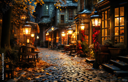 a cobbled alley with some lanterns at night