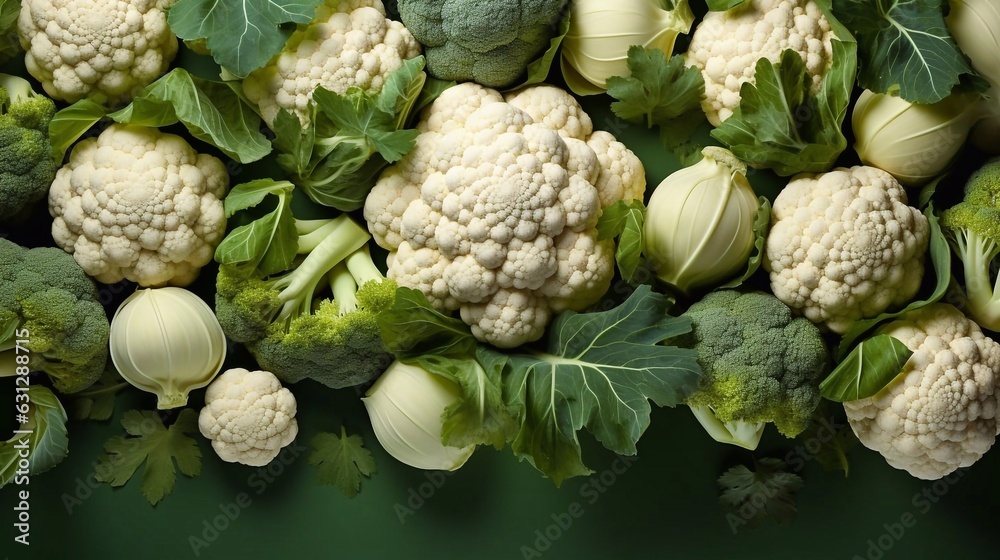 Obraz premium Fresh ripe cauliflower at green background. Top view, AI generative