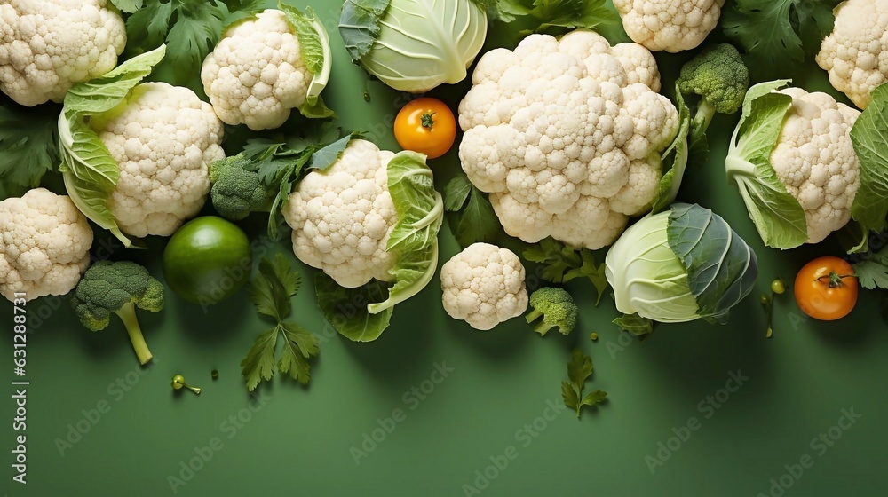 Fresh ripe cauliflower at green background. Top view, AI generative Fresh ripe cauliflower at green background. Top view, AI generative