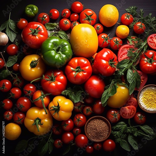 Colorful ripe tomatoes ondark  background. Top view, ai generated