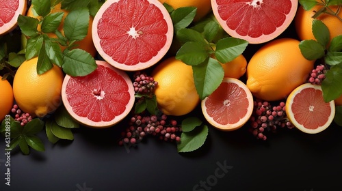 Fresh ripe grapefruit on black background with copy paste. Top view. AI generation