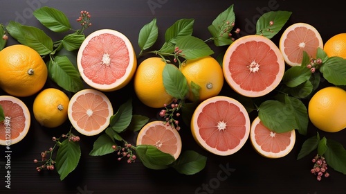 Fresh ripe grapefruit on black background. Top view. AI generation