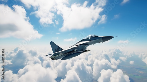 F16 military fighter flies through the blue sky and clouds.