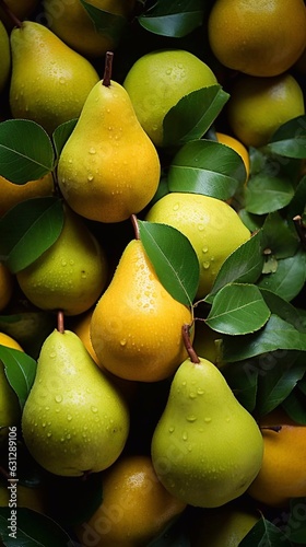  Close up of fresh ripe pears seamless background with AI generation. Top view