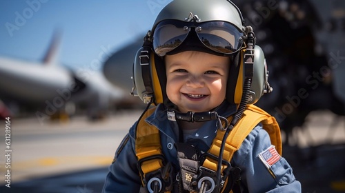 Portrait of smilling baby aircraft captain, wearing in uniform. AI generated © tanchy25