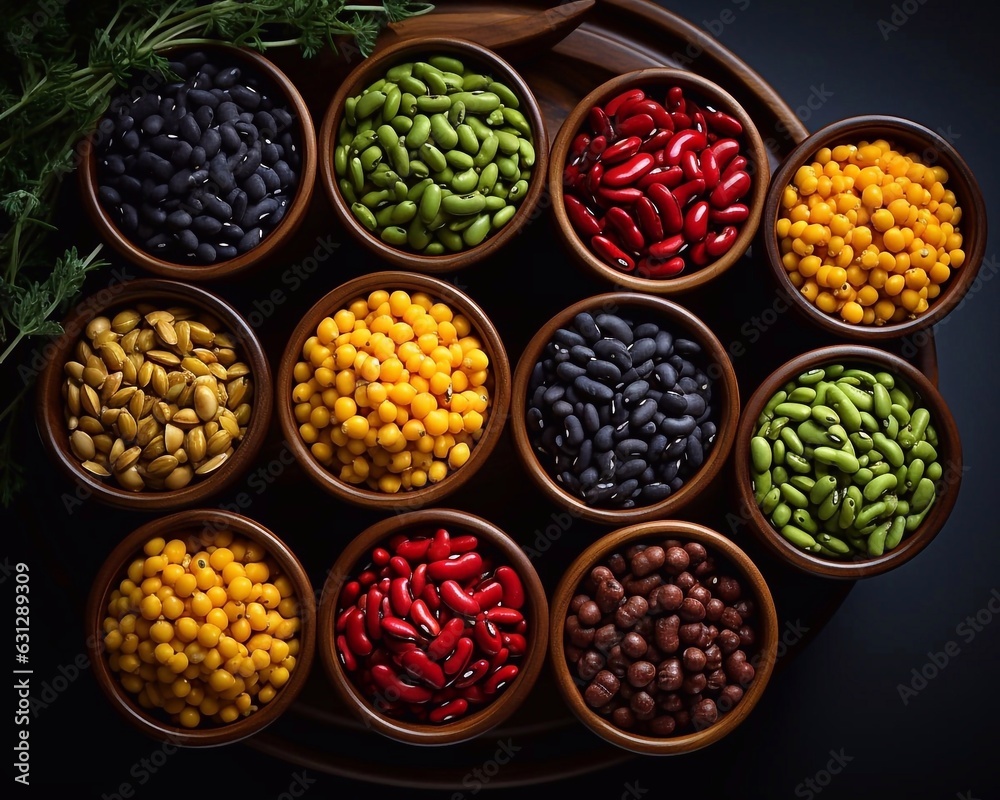 Colorful different beans in bowls on wooden tray background, top view. AI generation Colorful different beans in bowls on wooden tray background, top view. AI generation