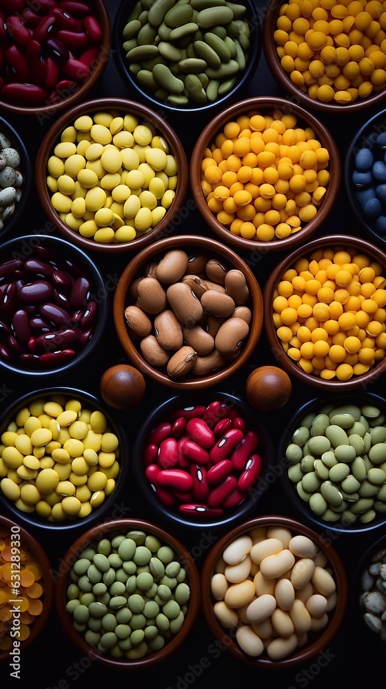 Colorful different beans in bowls on black background, top view. AI generation