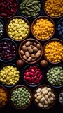 Colorful different beans in bowls on black background, top view. AI generation