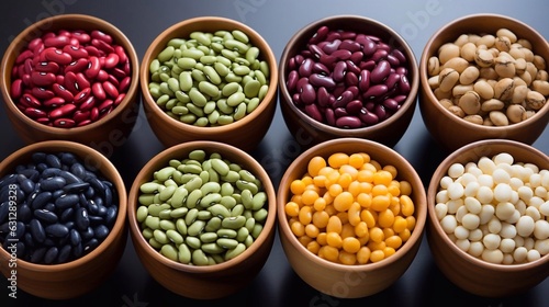 Colorful different beans in bowls on black background, top view. AI generation