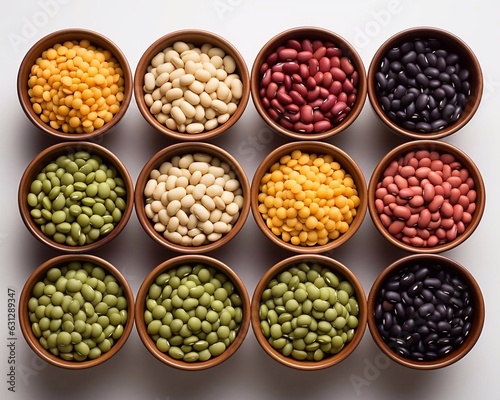 Colorful different beans in bowls on white background, top view. AI generation