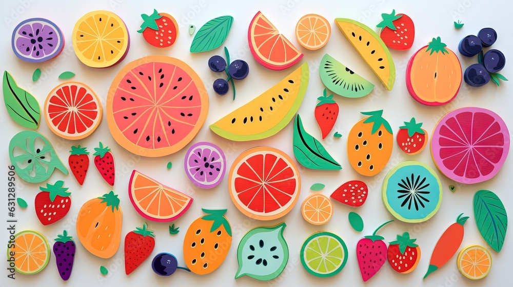  a bunch of cut up fruit on a white surface with blueberries, oranges, strawberries, and lemons.  generative ai