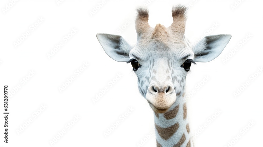  a close up of a giraffe's face with a white background.  generative ai
