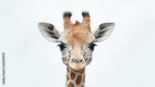  a close up of a giraffe's face with a sky background. generative ai