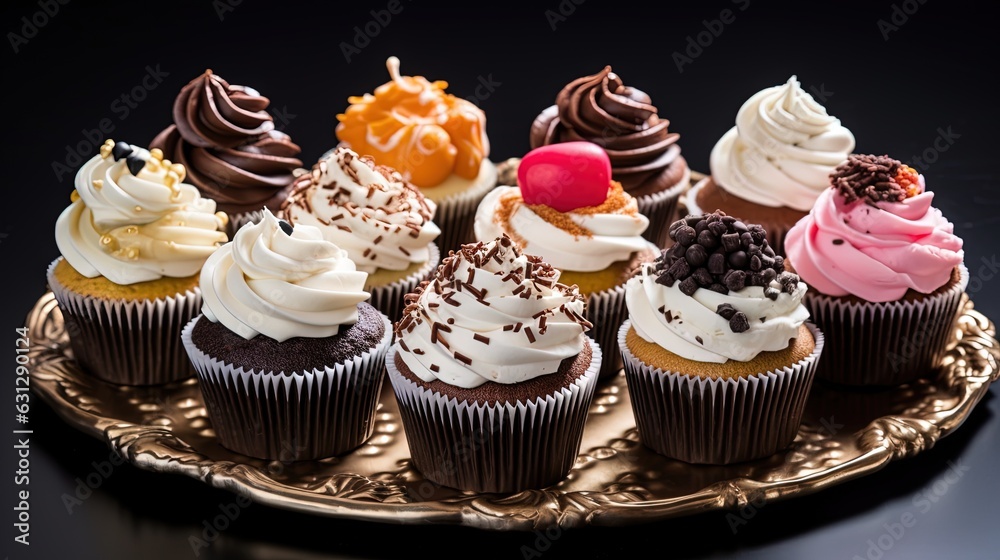 a plate of cupcakes with different toppings on them. generative ai a plate of cupcakes with different toppings on them. generative ai