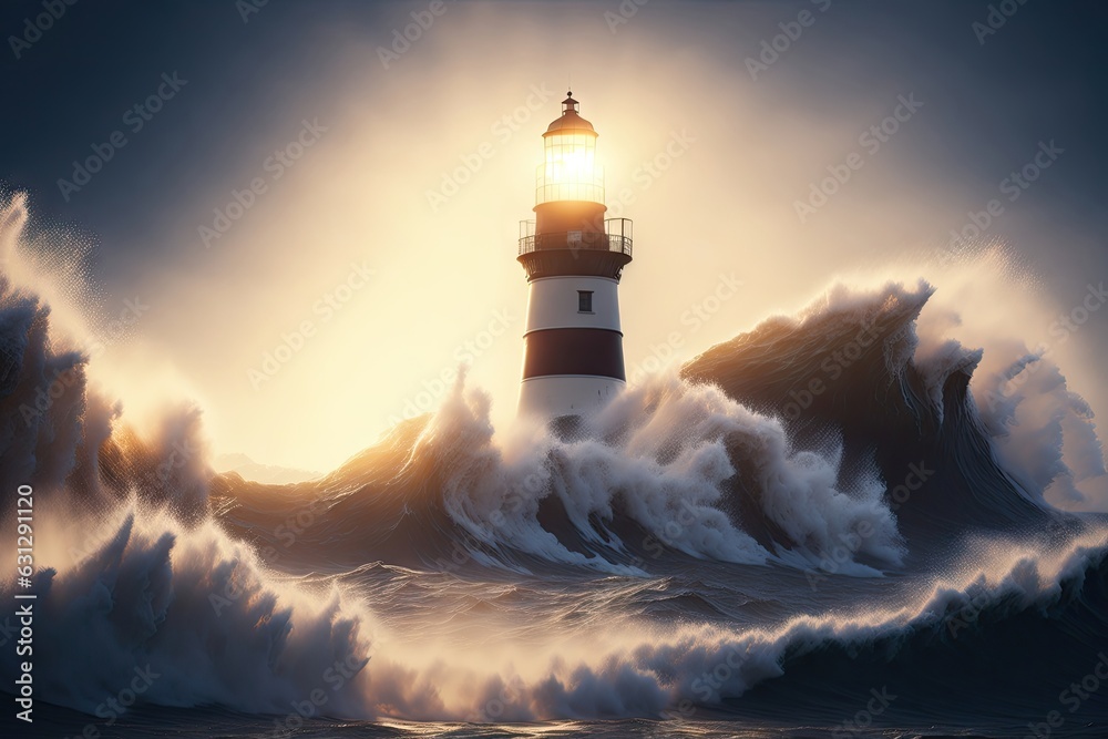 Giant wave engulfs lighthouse bokeh lens flare. ai generative