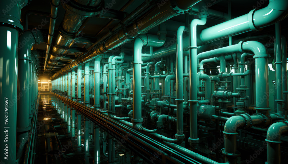 Row of pipes in the industrial plant interior. Wet floor of the factory reflecting the pipes. Generative AI. Row of pipes in the industrial plant interior. Wet floor of the factory reflecting the pipes. Generative AI.