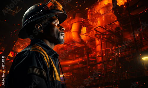 Mid-aged Afro-American man in a hard hat and uniform looking up. Plant worker stands indoors. Industrial pipes at backdrop. Generative AI.