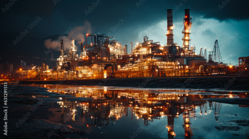 View of the big industrial plant with bright illumination. Factory reflecting in the puddle. Low angle perspective. Generative AI.