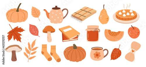 Cozy autumn set with tea drinking, reading, plaid and knitting