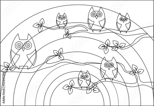 owls on branches , line 