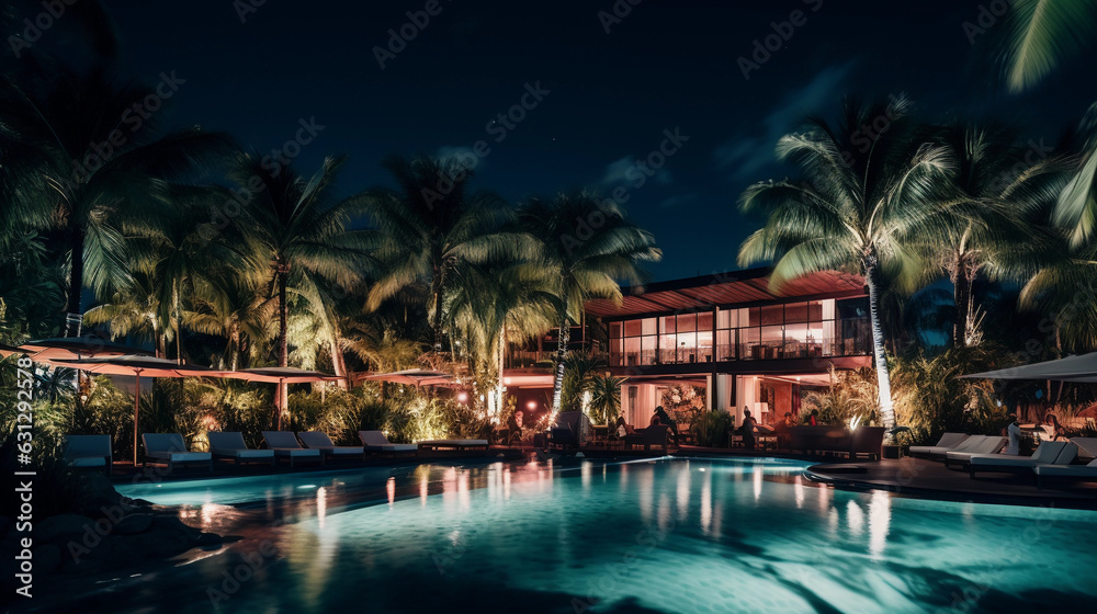 Boutique hotel's pool area at night, guests relaxing, pool lights reflecting on water, palms swaying, tropical vibe, party atmosphere