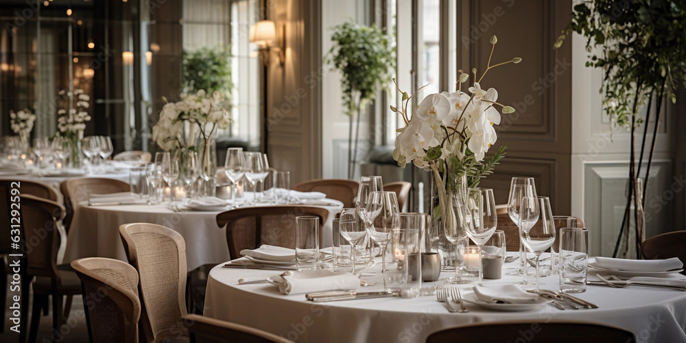 Elegant dining area of a boutique hotel, crystal chandeliers, white linen covered tables, silver cutlery, wine glasses, floral centerpieces, classy and sophisticated