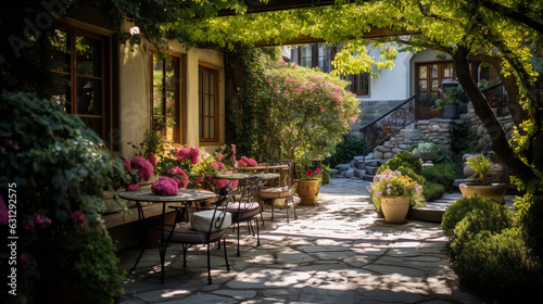 Charming image of a boutique hotel's lush garden, blooming flowers, greenery, wrought - iron furniture, stone path, vibrant colors, sunny afternoon