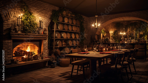 Cozy wine cellar in a boutique hotel  racks filled with bottles  intimate lighting  rustic brick walls  tasting table set for two  romantic ambiance