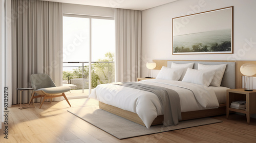 Stylish boutique hotel bedroom, king - sized bed with luxury linen, soft ambient light, minimalistic decor, contemporary artwork, wooden floors, architectural details photo