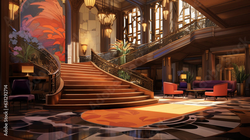 Vibrant, abstract representation of a boutique hotel lobby, luxury chandelier, grand staircase, mahogany furniture, art deco style, with unique tessellation patterns, soothing colors, painterly style