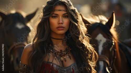  American Indian girl in a national costume with beads and feathers in her hair. Sunbeams and a horse. wild west theme. cover of a women s novel. Generative AI