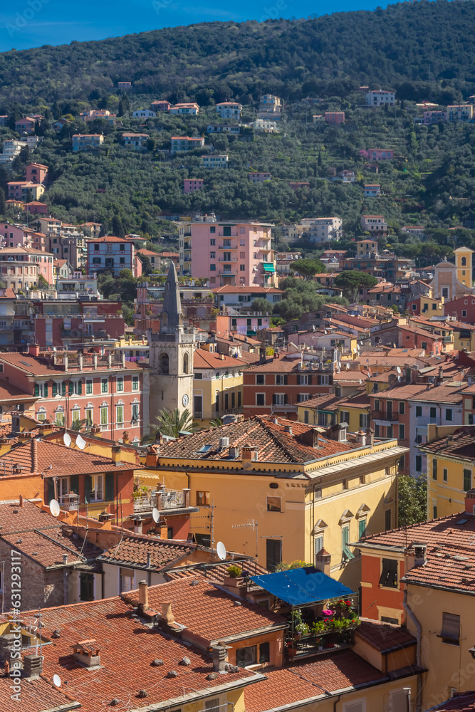 Lerici, Italy, 13 April 2022:  View from above of the seaside town