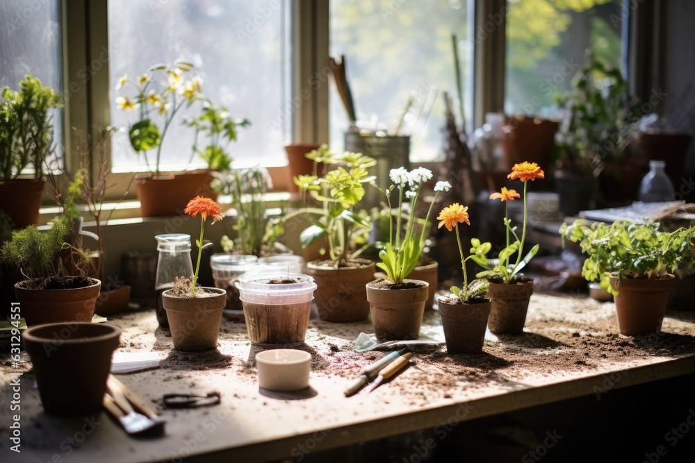 A picture is taken at home, showing a focused view of various flower pots, a spray bottle, dirt, seedling trays, and scissors on a table. The image includes empty space for copying and remains