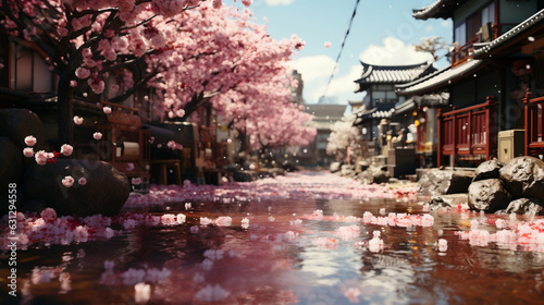 A Japan city in a Spring day with a lot of Cherry Tree with some petals flying around. Lo Fi Style.