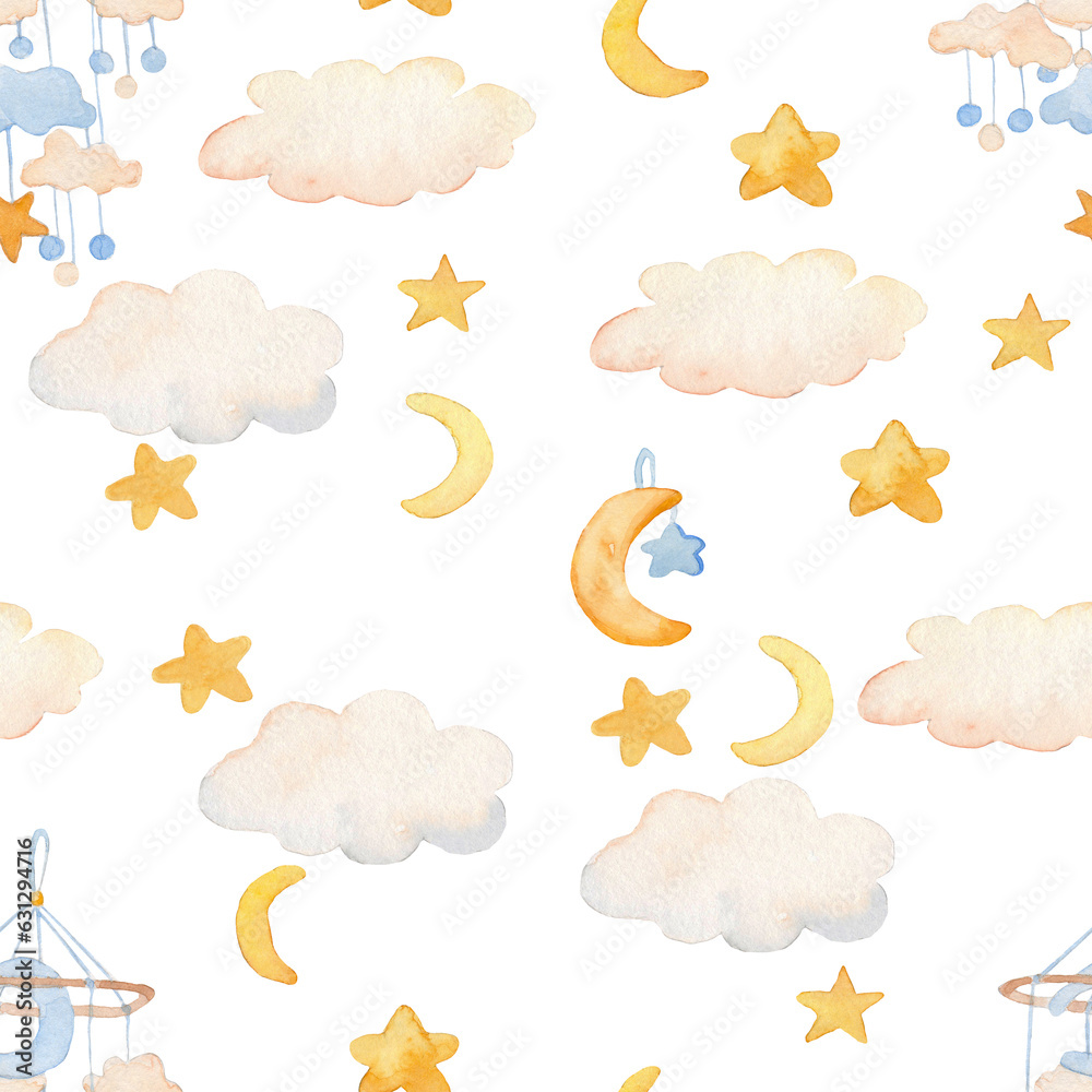 Hand


Nursery hand-painted watercolor pattern with stars, mobile crib, moons, and clouds. Perfect for logos, branding, stickers, prints, packaging design, cases, blogs, banners, and websites.