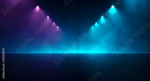 Abstract neon room with purple blue light beams down direction to copy space and illuminated stage product foreground