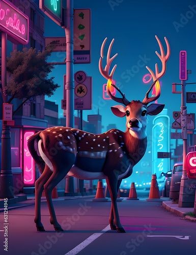 lost deer in a cyber city street, neon lights in background