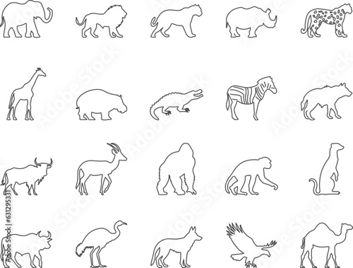 African Animals Icons Set. Elephant, Giraffe, Lion, Zebra. Editable Stroke. Simple Icons Vector Collection
