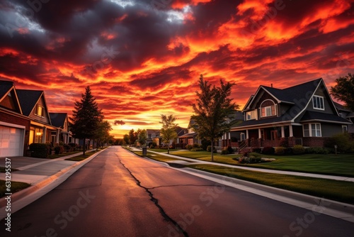 A suburban neighborhood in the Midwest during summer, with a striking sunset and dramatic skies as its backdrop.