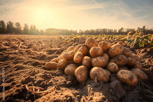 Newly harvested potatoes in a sunny field. Generative AI. © Aimages