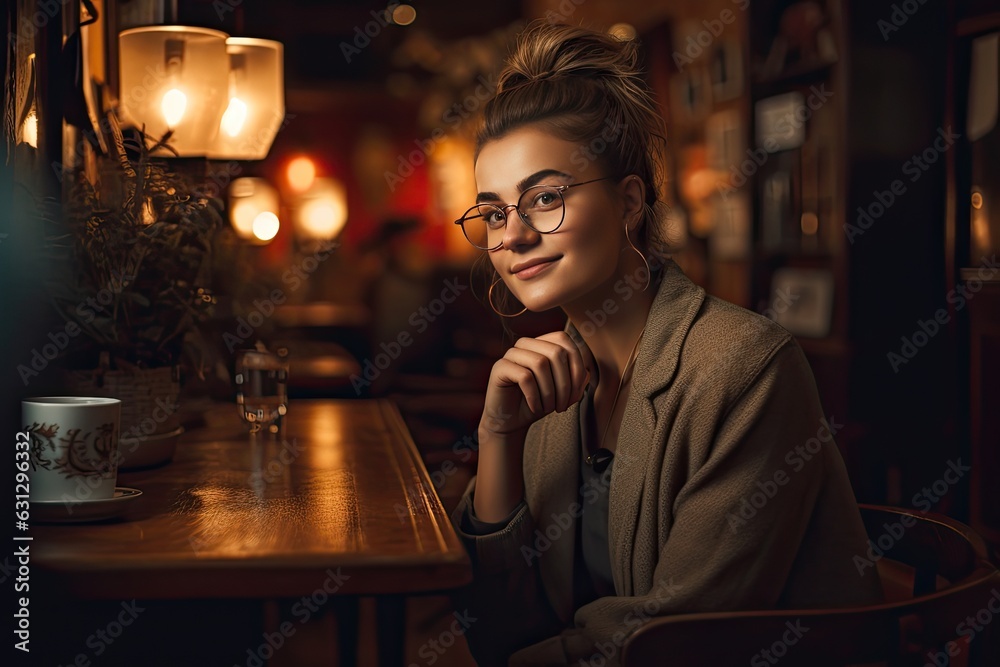 Charming portrait: bespectacled woman smiling in cafe., generative IA