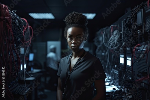 Black female engineer solves cybersecurity in server room., generative IA