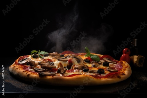 Hot pizza on a black background: appetizing and irresistible., generative IA