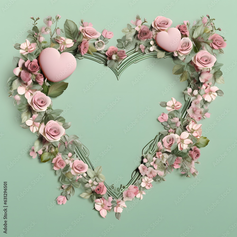 Heart of flowers, pink roses for Valentine day, pastel green background.