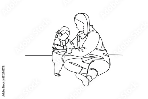 The baby sitter puts on the baby's clothes, hand drawn doodles logo. Nanny minimalist concept. isolated vector illustration.