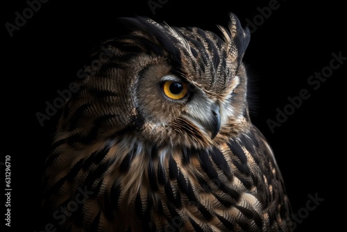 Cute owl, bright plumage, black background., generative IA