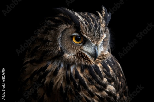 Cute owl, bright plumage, black background., generative IA © Gabriel