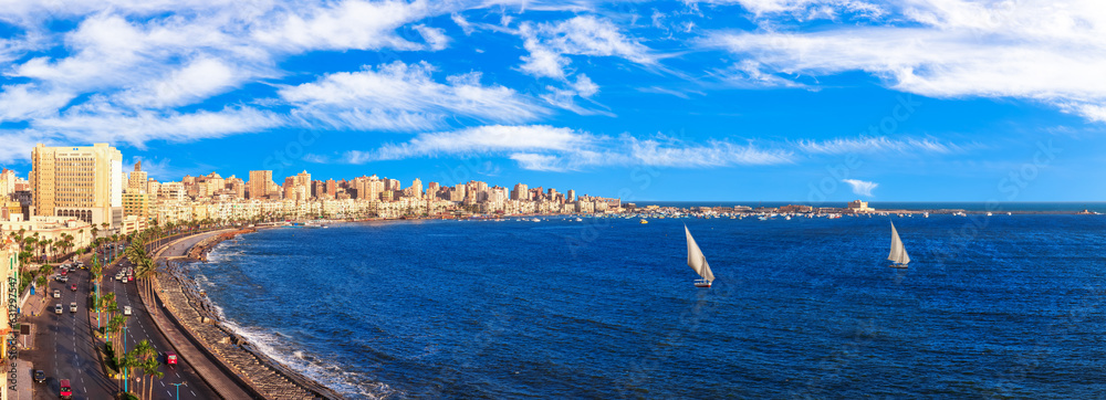 Coastline of Alexandria and the Mediterranean sea, aerial view, Egypt