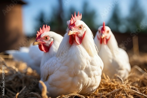 White chickens on a farm. Selective focus. Shallow depth of field